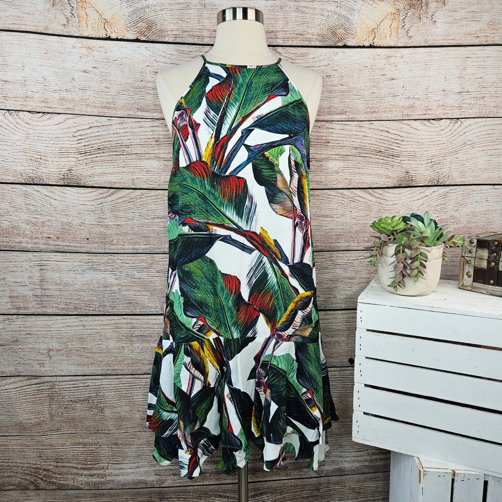 Fifteen Twenty XS Dress Halter Neck White Green Leaf Print Made‎ in USA